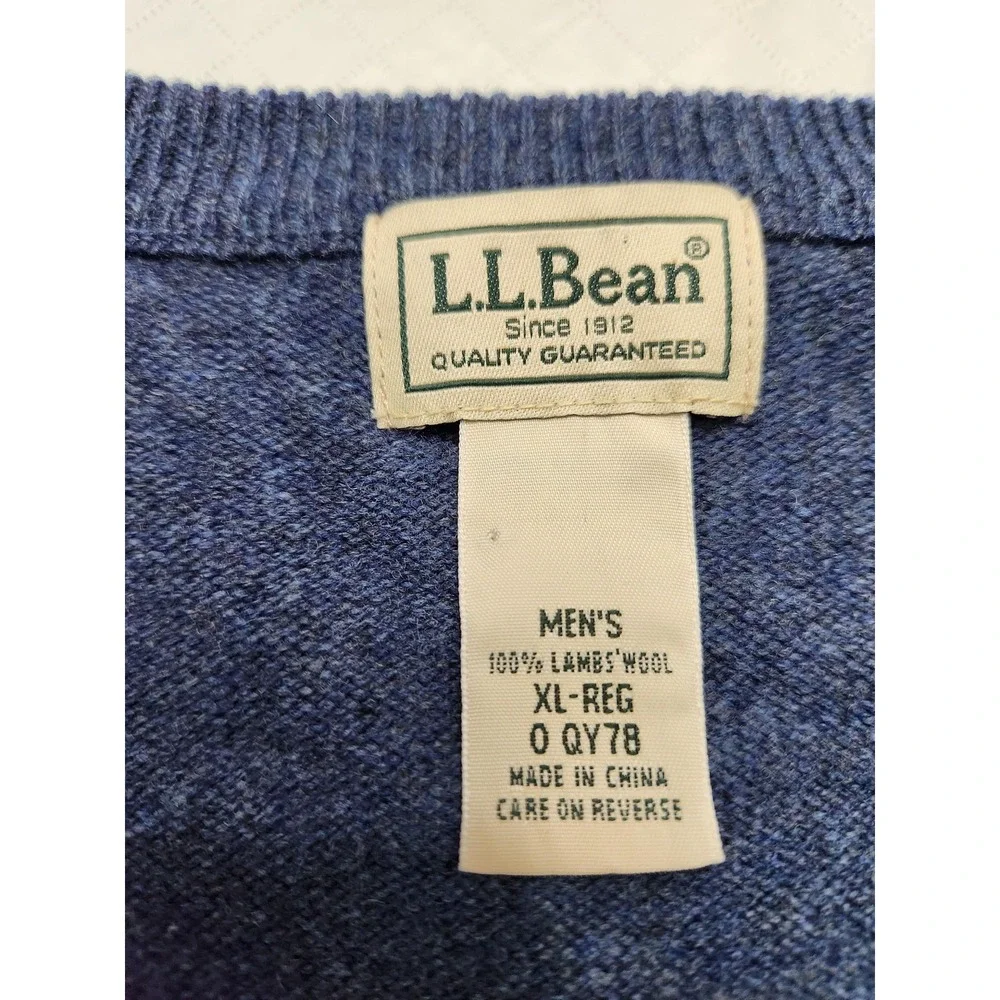 LL Bean Sweater Mens XL Blue Heather V Neck Lambswool Pullover Knit Grandpa
